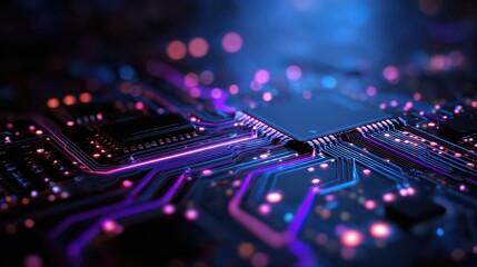 Glowing circuit board with neon lights for technology and innovation