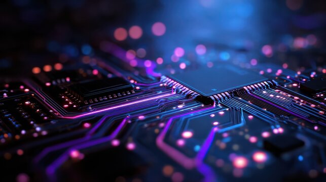 Glowing circuit board with neon lights for technology and innovation