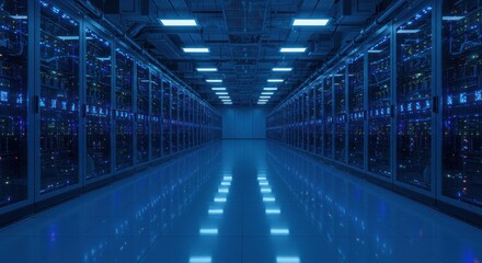 Server room with rows of computer racks and blue lighting.