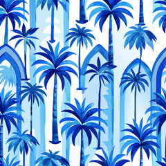 Obraz premium Vibrant blue watercolor palm trees and arched architectural elements create a seamless tropical pattern