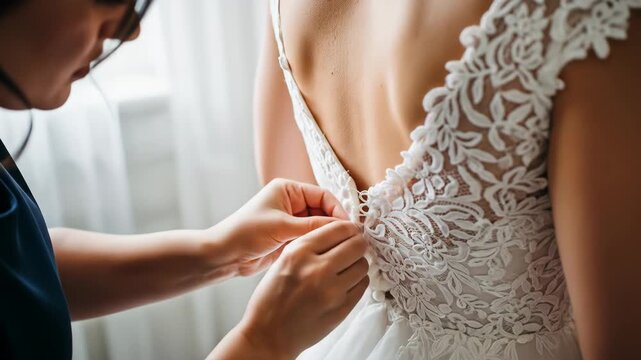 A close up shot of a bride getting ready with a person assisting to button up the back of a wedding dress showcasing the intricate lace details and elegance of the bridal attire