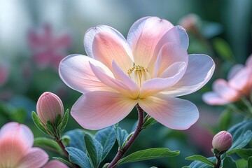 Fototapeta premium Stunning Closeup of a Vibrant Pastel Flower with Silky Petals in a Lush Botanical Background
