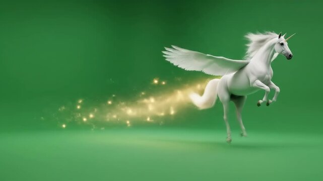 A digital illustration of a white winged unicorn soaring across a vivid green backdrop showcasing its elegant flight and a golden sparkle effect perfect for fantasy themed projects 
