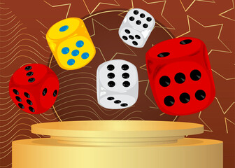 Mockup product display with dice. Vector cylinder pedestal podium. Stage showcase for presentation. Minimal geometric forms.