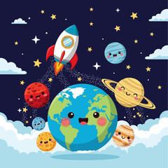 Naklejka premium Cute cartoon planets and a rocket ship explore the starry night sky with smiling faces and fluffy clouds.