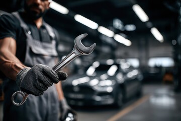 Mechanic with wrench at auto shop; car in background. Automotive service/repair