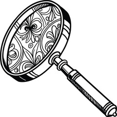 Magnifying glass with intricate pattern fill and reflection silhouette