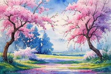 Serene Watercolor Landscape Art featuring Cherry Blossoms and Willow Branches for Tranquil Home Decor