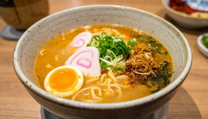appetizing ramen soup in ceramic bowl 