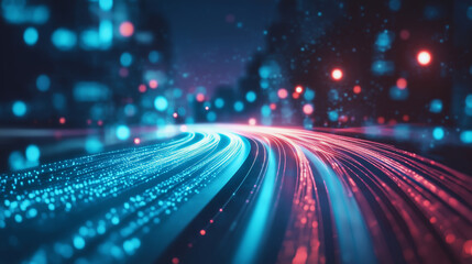 Abstract digital background with glowing light trails and blurred city lights representing a fast network connection or data transfer technology.