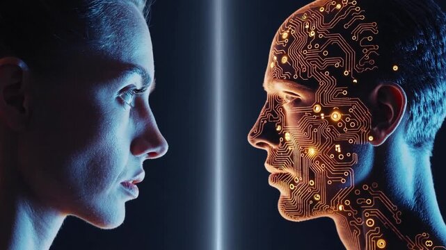 A human and an AI robot face each other in perfect symmetry. Blue and orange light divide emotion and logic, symbolizing a moment of evolution, tension, and connection.

