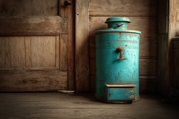 Old Metal Bin On Wooden Porch. Background is a wooden wall, door. For decor use