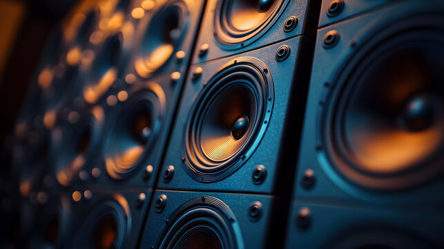 Cutting-edge high-end studio monitor loudspeakers placed in acoustic-treated rooms, ideal for music production, sound engineering, and high-quality home theater experiences