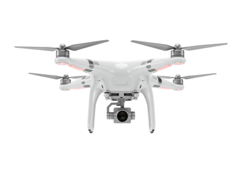 Modern white quadcopter drone with camera gimbal suspended underneath isolated on transparent background