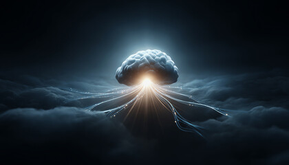 Surreal cloud brain code technology artificial intelligence digital neural network glowing futuristic mysterious night