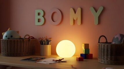 Soft glowing egg shaped lamp illuminates a child s desk with wooden letters spelling out a name on the wall