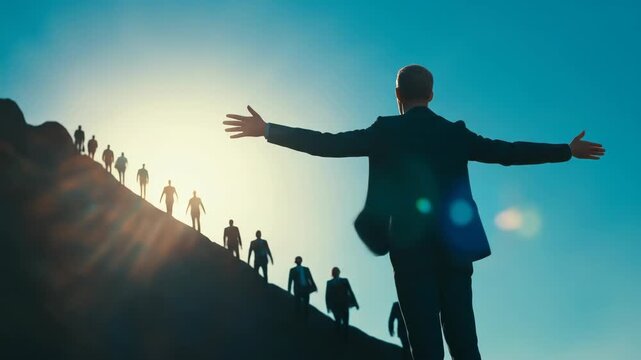 A silhouetted businessman with outstretched arms leadership concept and a group of people ascending a hill under a bright blue sky symbolizing success and determination