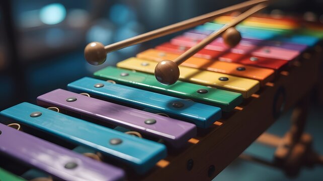 Close up of colorful xylophone with mallets ready to play a musical melody