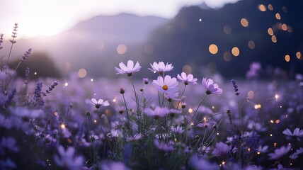 Soft focus field of purple wildflowers bathed in warm golden hour sunlight with bokeh lights