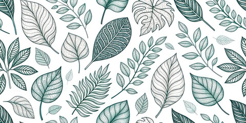 Obraz premium Exquisite botanical sketch pattern featuring detailed leaf illustrations and natural textures, perfect for design projects.