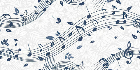 Elegant musical notes dance across a soft floral pattern, creating a harmonious and artistic visual.