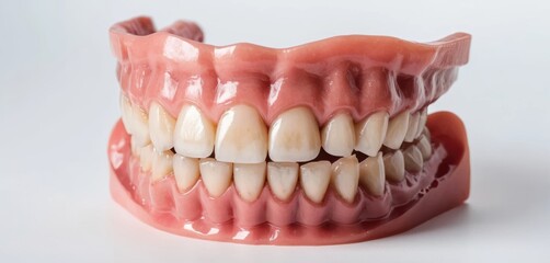 Obraz premium A full set of upper and lower denture models perfectly arranged on a clean white background, showcasing detailed teeth and gums for dental education and product advertising.