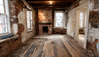 Interior renovation project revealing brickwork in a dilapidated unfinished room