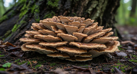 Large bracket fungus mushroom cluster growing on the forest floor next to a mossy tree trunk