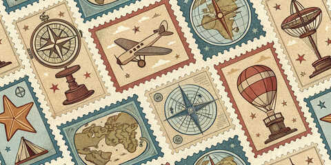 Vintage travel stamps featuring compasses, globes, airplanes, and hot air balloons evoke exploration and adventure.