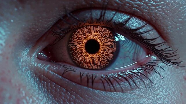 A hyper-detailed eye enhanced with glowing bionic tech. Circuits and data flow from a golden iris, blending human skin and digital design in futuristic precision.
