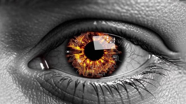 A hyper-detailed eye enhanced with glowing bionic tech. Circuits and data flow from a golden iris, blending human skin and digital design in futuristic precision.
