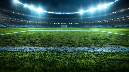 Vector illustration of an expansive football pitch with a rich emerald green playing surface, designed as a versatile background for creating dynamic soccer game strategy and match simulation scenario