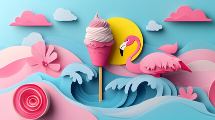 Abstract ocean artwork mimicking a soft melting pink ice cream bar with a bright flamingo float, rendered in textured paper cut craft style, suited for sunny seasonal themes and vacation designs.