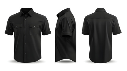 3D realistic vector template showcasing a men’s classic black short sleeve shirt with pockets on the chest, rendered front and back isolated on white, ideal for clothing branding and presentation.
