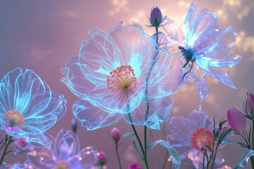 Illuminated Translucent X-Ray Petals on Dreamy Pastel Floral Background