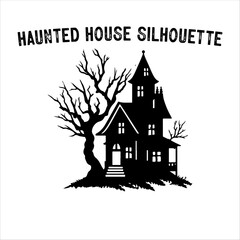 Spooky Haunted House Silhouette with Bare Trees – Halloween Vector