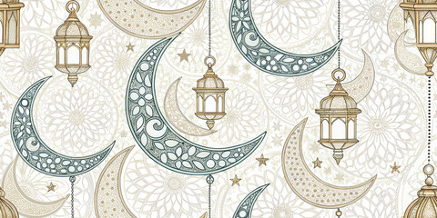 Elegant Islamic pattern with ornate moons, lanterns, and stars for festive celebrations