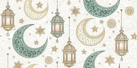 Elegant Ramadan pattern with ornate lanterns, crescent moons, and stars creating a festive celebration atmosphere