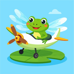 An adorable green frog with dragonfly wings joyfully pilots a vintage airplane, set against a peaceful blue sky and resting on a vibrant green lily pad, perfect for a whimsical illustration.