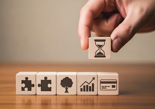 Business strategy and growth concept with icons on wooden blocks