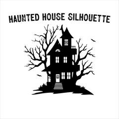 Spooky Haunted House Silhouette with Bare Trees – Halloween Vector