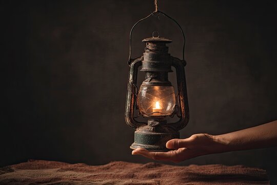 Holding vintage kerosene lantern for safety, background for mood, story, or power