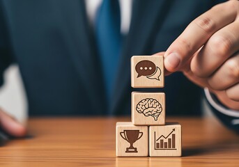 Business strategy and growth concept with icons on wooden blocks
