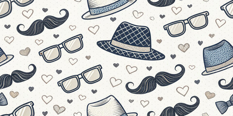 Charming vintage pattern with mustaches, fedoras, glasses, and hearts for masculine themes
