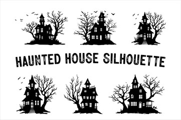 Spooky Haunted House Silhouette with Bare Trees – Halloween Vector
