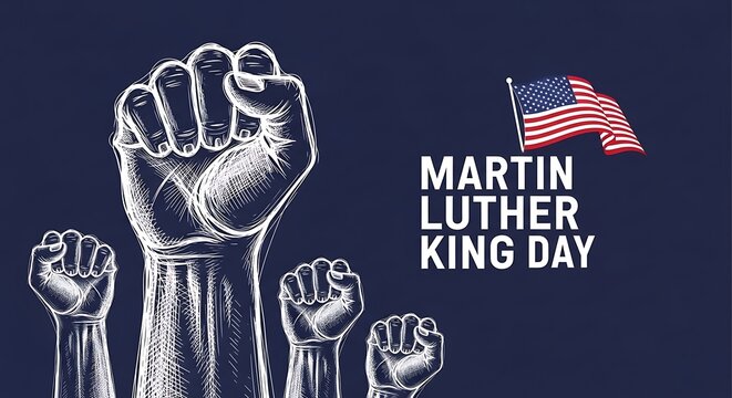 Martin luther king day illustration with raised fists and american flag on a dark background