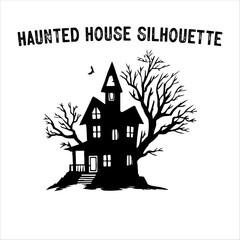 Spooky Haunted House Silhouette with Bare Trees – Halloween Vector