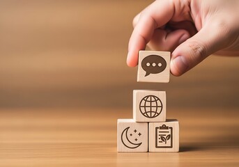 Wooden blocks with icons for communication, global network, planning, and night