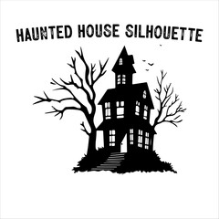 Spooky Haunted House Silhouette with Bare Trees – Halloween Vector