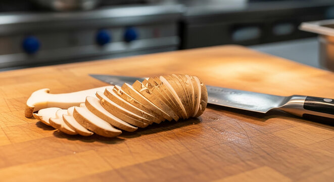 Culinary preparation of sliced shiitake mushroom on a wooden board